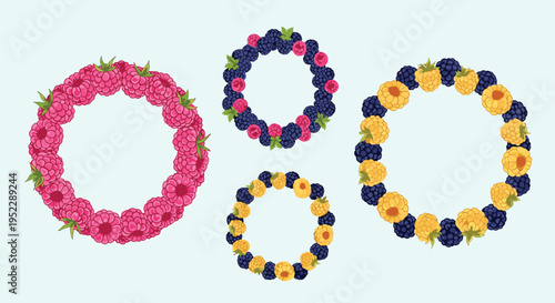Four decorative wreaths made of various berries including raspberries, blackberries, and yellow raspberries on a light blue background.