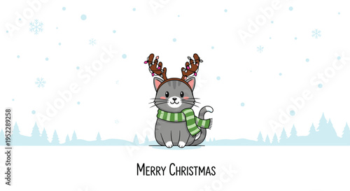 Adorable grey tabby cat wearing reindeer antlers with lights and a green striped scarf in a snowy winter landscape for Christmas.
