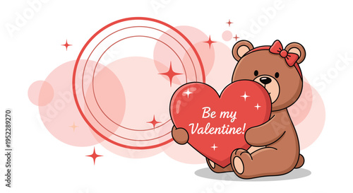 Cute brown teddy bear wearing a red bow and holding a large red heart with the text Be my Valentine on a soft pink background.