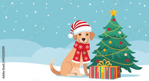 Golden retriever dog wearing a striped Santa hat and snowflake scarf sitting next to a decorated Christmas tree with a gift.