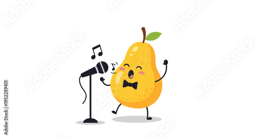 Adorable yellow pear character wearing a black bowtie and singing joyfully into a microphone with music notes in the air.