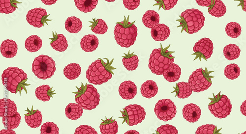 Vibrant and repeating pattern of ripe pink raspberries with small green leaves scattered across a pale light green background.