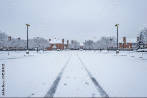 Snow covered empty parking lot with tire tracks