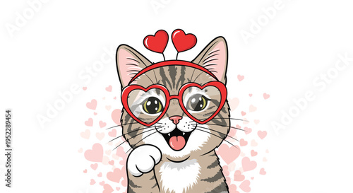 Adorable tabby cat wearing heart shaped glasses and a matching headband with red hearts against a background of soft pink hearts.