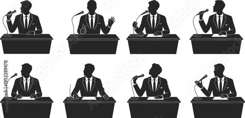 Eight black silhouettes of men in suits speaking at podiums with microphones