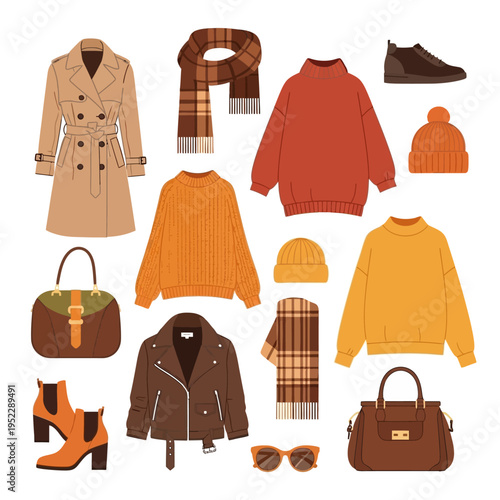 Autumn Fashion Flat Lay: Trench Coat, Sweaters, Boots, Scarves, Beanies & Bags