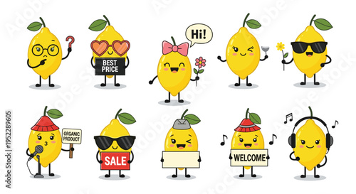 Diverse collection of yellow lemon characters in various fun poses including winking, wearing sunglasses, singing, and holding signs.