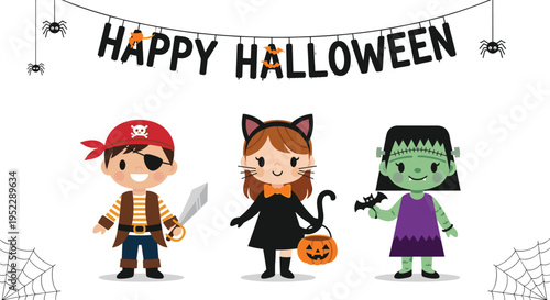 Three young children dressed in creative halloween costumes as a pirate cat and frankenstein under a happy halloween banner.