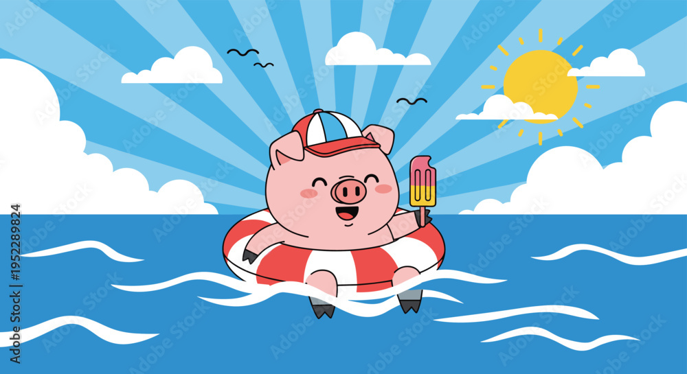 Naklejka premium Cute pig wearing a cap floating in a swim ring on the sea and holding a popsicle on a sunny summer day.