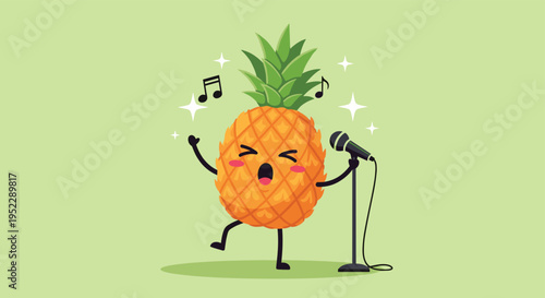 Fun pineapple character singing into a microphone with musical notes and sparkling stars on a green background.