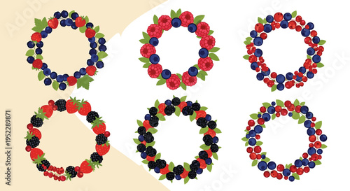 Collection of six decorative berry wreaths made of blueberries raspberries strawberries blackberries and red currants.