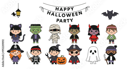 Large set of children in various halloween costumes like mummy devil witch ghost and more for a spooky celebration.