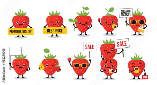 Set of cute strawberry characters used for business marketing promotions like sale best price and organic quality.