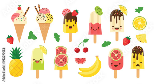 Collection of cute kawaii ice cream characters and fresh fruits like pineapple strawberry banana and cherry.