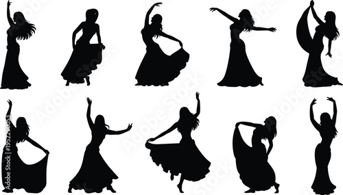 Silhouette collection of female dancers performing elegant and expressive movements, showcasing grace, rhythm, and cultural dance poses isolated on light background for design use