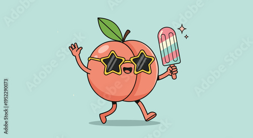 Happy peach character wearing star shaped sunglasses and holding a colorful striped popsicle on a light blue background.