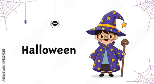 Boy wearing purple wizard costume with yellow stars and holding magic staff for Halloween celebration with spooky spiderweb background.