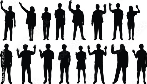 Silhouette collection of people raising hands in greeting and participation gestures, showcasing communication, interaction, and social engagement isolated on light background