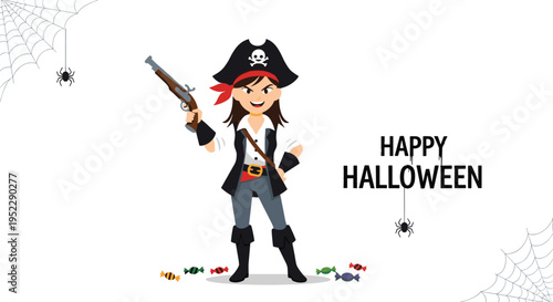 Girl dressed in pirate costume with hat and pistol celebrating Halloween amidst spooky spiderwebs and colorful candies on white background.