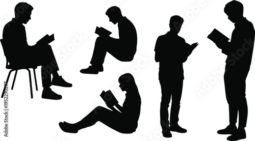 Silhouette collection of people reading books in different poses, showcasing education, learning, and knowledge activities isolated on light background