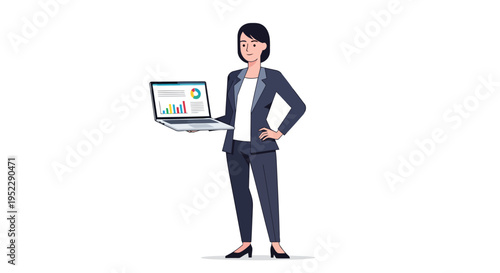 A confident businesswoman holding a laptop with a graph on the screen
