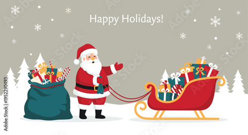Santa standing next to large sack and sleigh full of colorful gift boxes in snowy forest for Happy Holidays seasonal greeting card design.