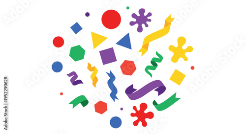 Scattered colorful confetti ribbons and geometric shapes