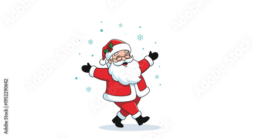 Joyful Santa Claus dancing and celebrating in falling snow for festive Christmas holiday season greeting card and winter decoration elements.