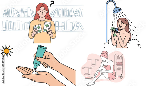 Skincare and Personal Hygiene Illustration Set with Woman Using Cream Shower Routine and Self Care Activities for Health and Beauty Isolated on White Background