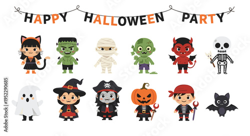Halloween characters in creative costumes including vampire mummy zombie and devil for festive party celebration and kids events.
