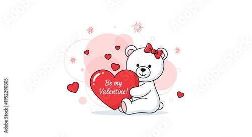 Cute white teddy bear with a red bow sitting and holding a large heart with Be my Valentine text for a holiday gift.