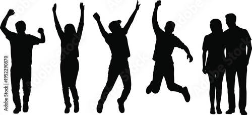 Silhouette of happy people jumping and celebrating together, showcasing success, freedom, teamwork, and positive energy isolated on light background