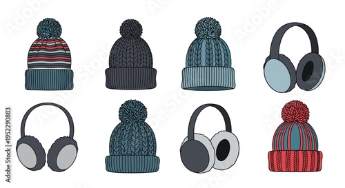 Selection of cozy winter knit hats with pom poms and warm earmuffs in various stylish colors for cold weather fashion.