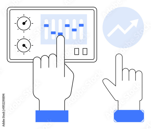 User interface, control systems, analytics, technology management, growth monitoring, performance improvement. Hands adjusting sliders on control panel. User interface and control systems concept