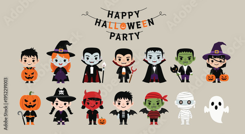 Large group of children in various cute Halloween costumes like vampires and ghosts for a festive holiday party.