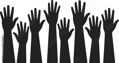 Silhouette of multiple raised hands in different shapes, representing voting, teamwork, support, and community participation isolated on light background