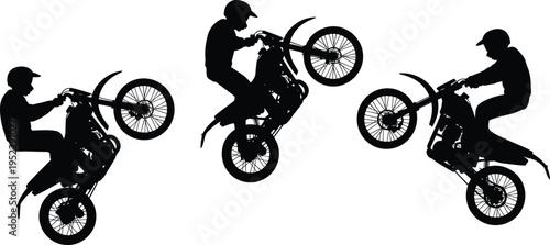 Silhouette of motocross rider performing wheelie stunts on dirt bike, showcasing extreme sport, action, and adventure isolated on light background