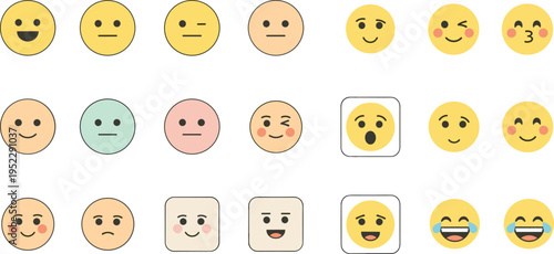 Minimal Emoji Face Icon Set with Multiple Emotions Expressions Including Happy Sad Neutral Wink Kiss Laugh Cry for Messaging Apps UI Sticker Design