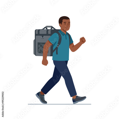 Vector courier walking leisurely carrying a bag containing a customer's package