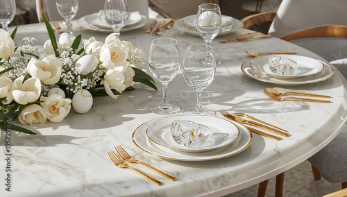 Luxury Easter table setting on white marble with gold decor
