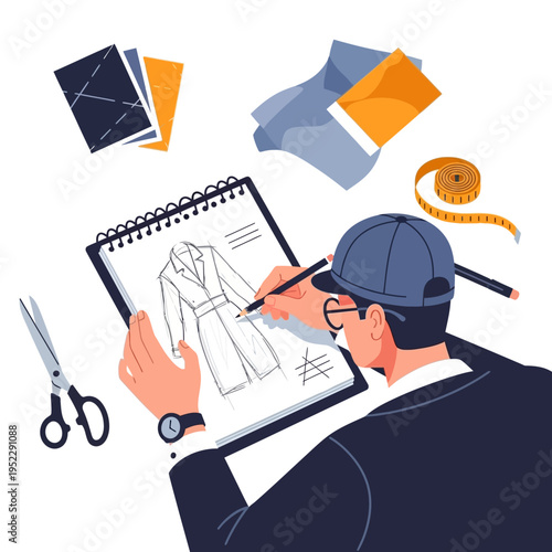 Fashion designer sketching a dress in a sketchbook with sewing tools