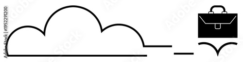 Cloud storage, business solutions, remote work, data transfer, technology systems, office mobility. Minimalist cloud shape with a connected briefcase outline. Cloud storage and business solutions