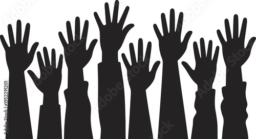 Silhouette of raised hands in different sizes, symbolizing voting, participation, support, and teamwork isolated on light background for social and community concepts