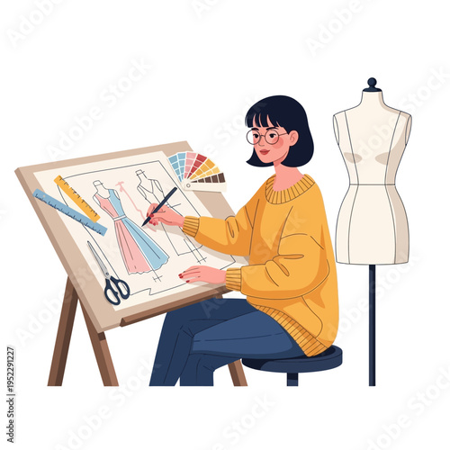 Fashion Designer Sketching Dress Designs on Easel with Mannequin