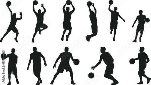 Silhouette set of basketball players in action poses, including dribbling, jumping, and shooting, showcasing sport activity and athletic movement isolated on light background