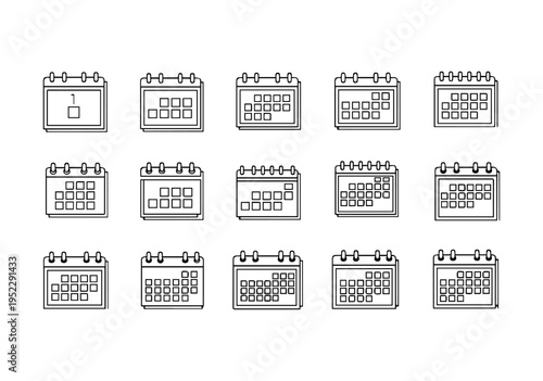 Calendar Icon Set Outline, Vector Monthly Planner and Schedule Symbols, Minimalist Date and Event Reminder Icons Collection for UI Design.