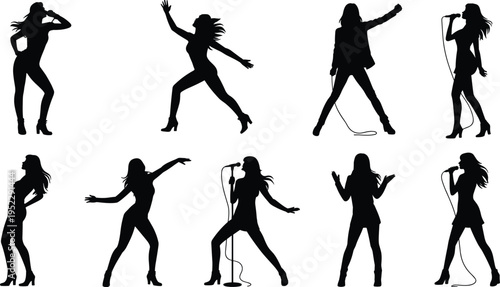 Silhouette set of female singers and performers with microphones, showcasing live music, stage performance, energy, and entertainment poses isolated on light background