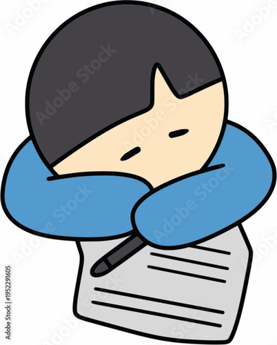 시험지 위에 펜 놓고 엎드려 있는 캐릭터 일러스트