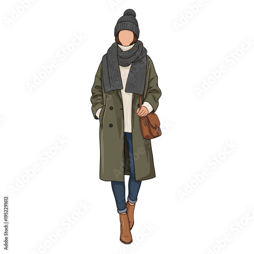 Fashionable Woman in Winter Coat, Scarf, Beanie, Jeans, and Boots with Handbag