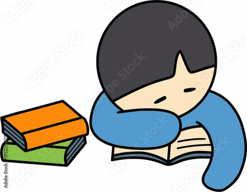 책더미와 책 위에 엎드려 있는 피곤한 캐릭터 일러스트